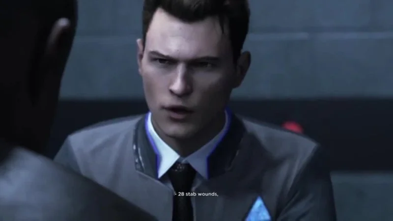 Connor, an android detective, shown in serious expression analyzing a crime scene with subtitle '28 stab wounds.'