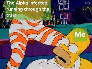 28 Years Later Hung Alpha Zombie — Animated meme contrasting alpha zombie charging through train with viewer's reaction.