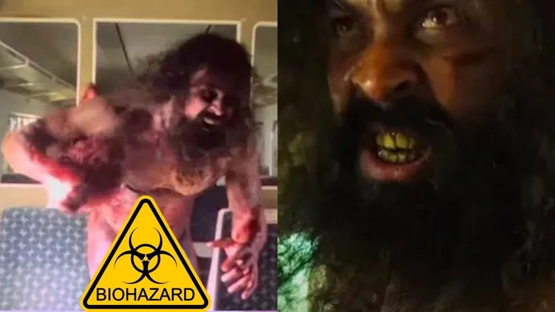 28 Years Later Hung Alpha Zombie — Side-by-side image of the alpha zombie with biohazard warning symbol overlay.