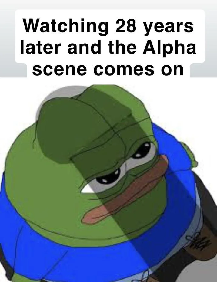 28 Years Later Hung Alpha Zombie — Pepe the Frog reaction meme depicting shock at alpha zombie appearance during film.