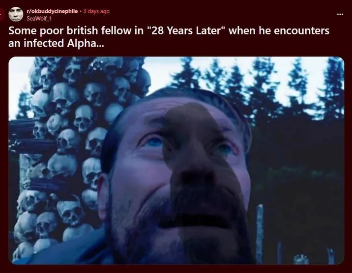 28 Years Later Hung Alpha Zombie — Reddit meme joking about British character encountering the alpha zombie threat.