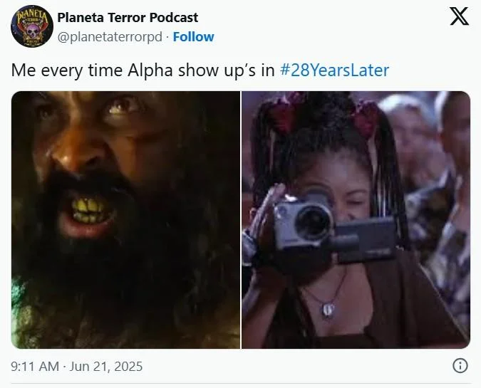 28 Years Later Hung Alpha Zombie — Twitter meme comparing the alpha zombie from 28 Years Later with humorous viewer reaction.