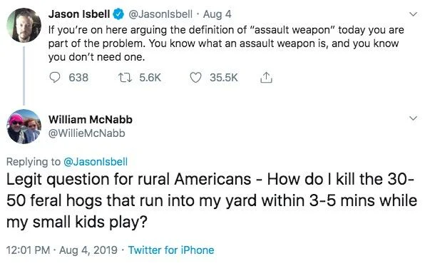 30-50 Feral Hogs — Screenshot of original Twitter conversation between Jason Isbell and William McNabb about feral hogs.