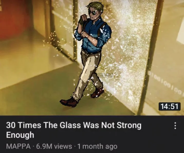 30 Times The Glass Was Not Strong Enough — Fan art redraw featuring male anime character with curly green hair breaking through glass door.