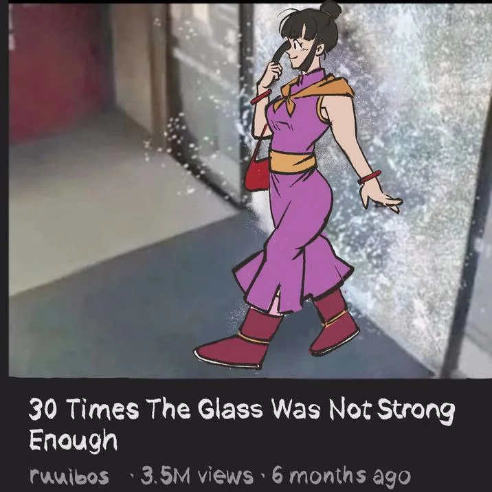 30 Times The Glass Was Not Strong Enough — Fan art variation featuring purple and pink-outfitted anime girl breaking through glass door.