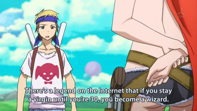 Anime screenshot with text overlay quoting the 30 year old virgin wizard legend and magical abilities.