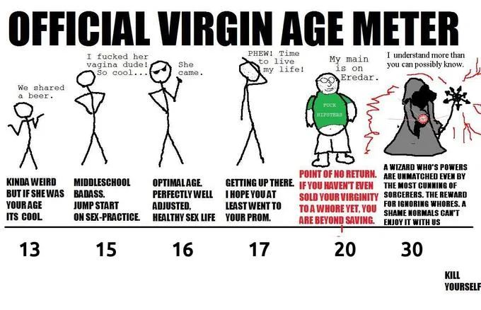 30 Year Old Virgin Wizard — Stick figure chart titled 'Official Virgin Age Meter' showing life stages 13-30+ with wizard at 30.