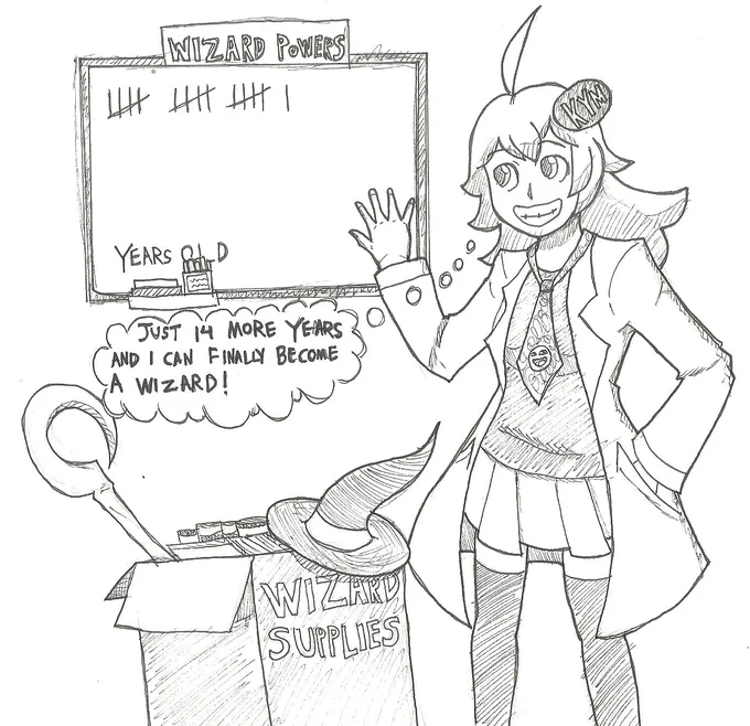 30 Year Old Virgin Wizard — Hand-drawn cartoon showing enthusiastic character with tally counter marking years until age 30 with wizard supplies below.