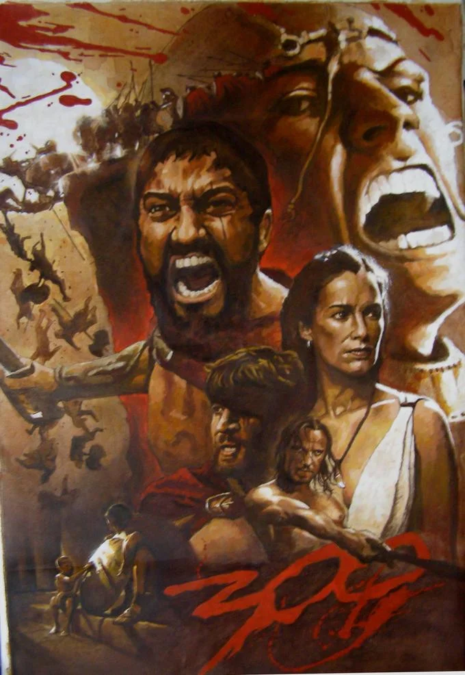 Painted poster-style artwork featuring the cast of the 300 film including Leonidas and Queen Gorgo