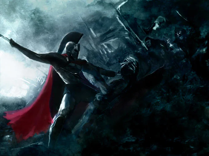 300 — Dark fan art painting of a Spartan warrior with red cape fighting shadowy enemies