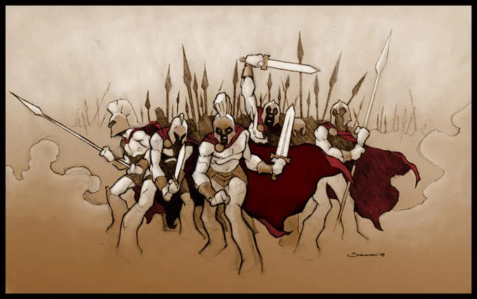 300 — Illustrated Spartan warriors in red capes charging with swords and spears