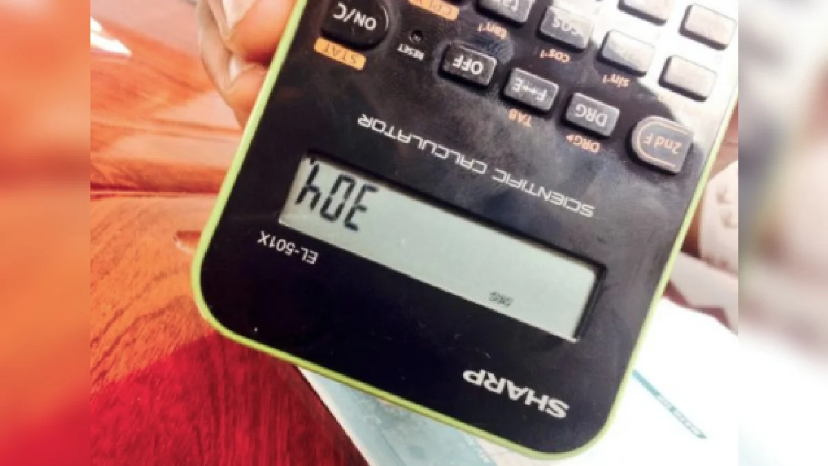 304 Slang — Upside-down Sharp scientific calculator displaying 304, which reads as 'hOE' when flipped.