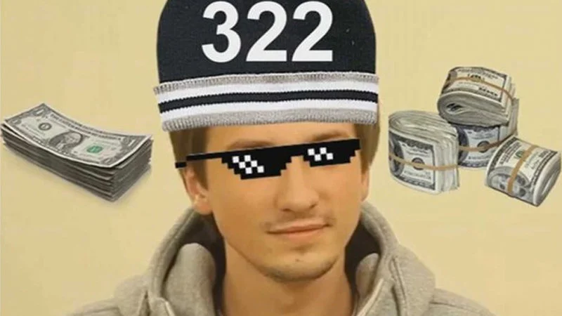 Figure wearing beanie with '322' and pixelated sunglasses surrounded by stacks of money.