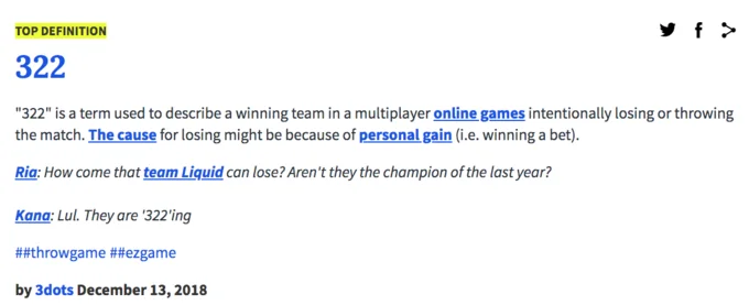 Urban Dictionary screenshot defining 322 as intentionally losing matches for personal profit with examples.