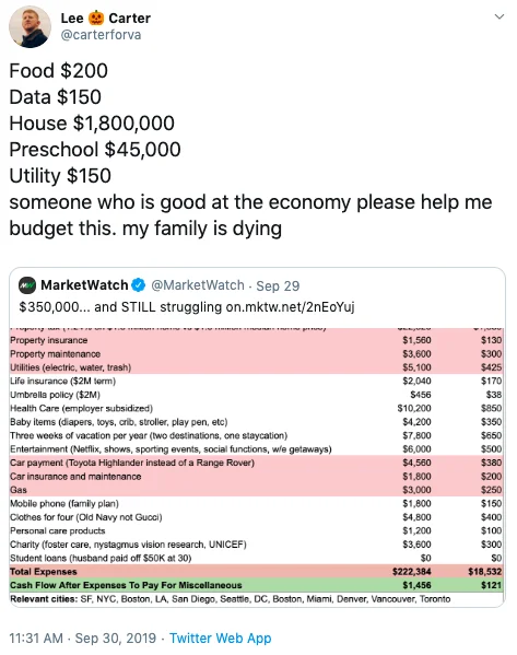350000And Still Struggling — Lee Carter @carterforva Food $200 Data $150 House $1,800,000 Preschool $45,000 Utility $150 someone who is good at the economy