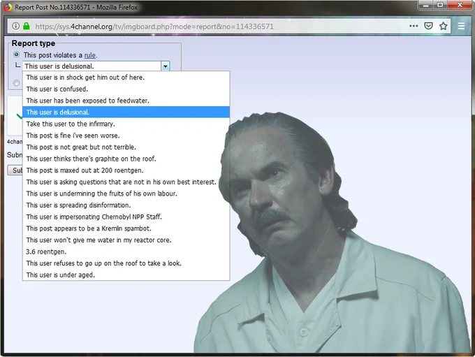 36 Roentgen Not Great Not Terrible — 4chan report dropdown with Chernobyl-themed options over Dyatlov image