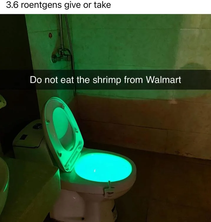 36 Roentgen Not Great Not Terrible — Green glowing toilet joke labeled '3.6 roentgens give or take'