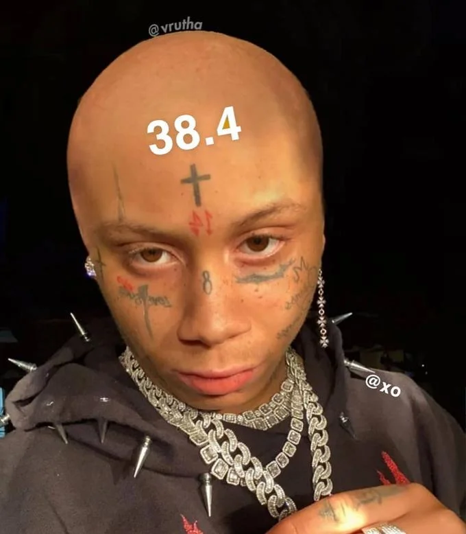 384 — Person with '38.4' written on forehead with social media handles and absurdist text overlays.