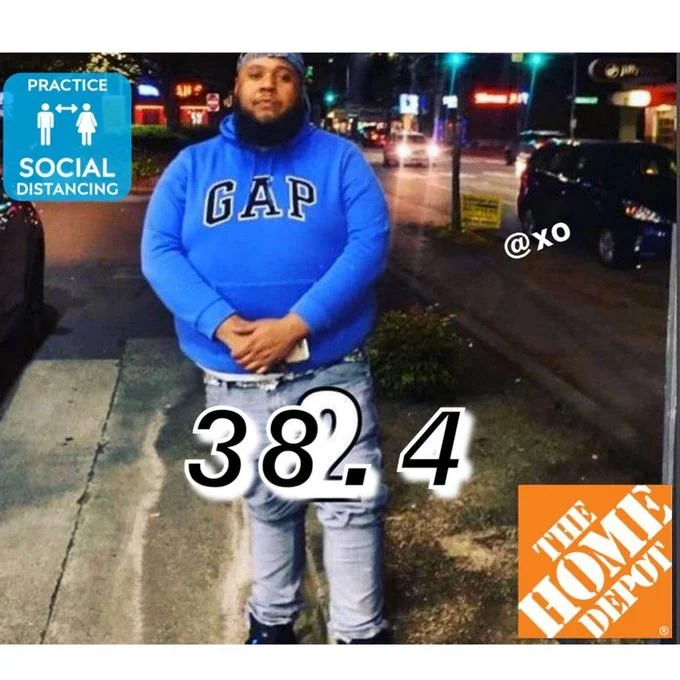 384 meme on person wearing GAP hoodie with social distancing warning graphic overlay.