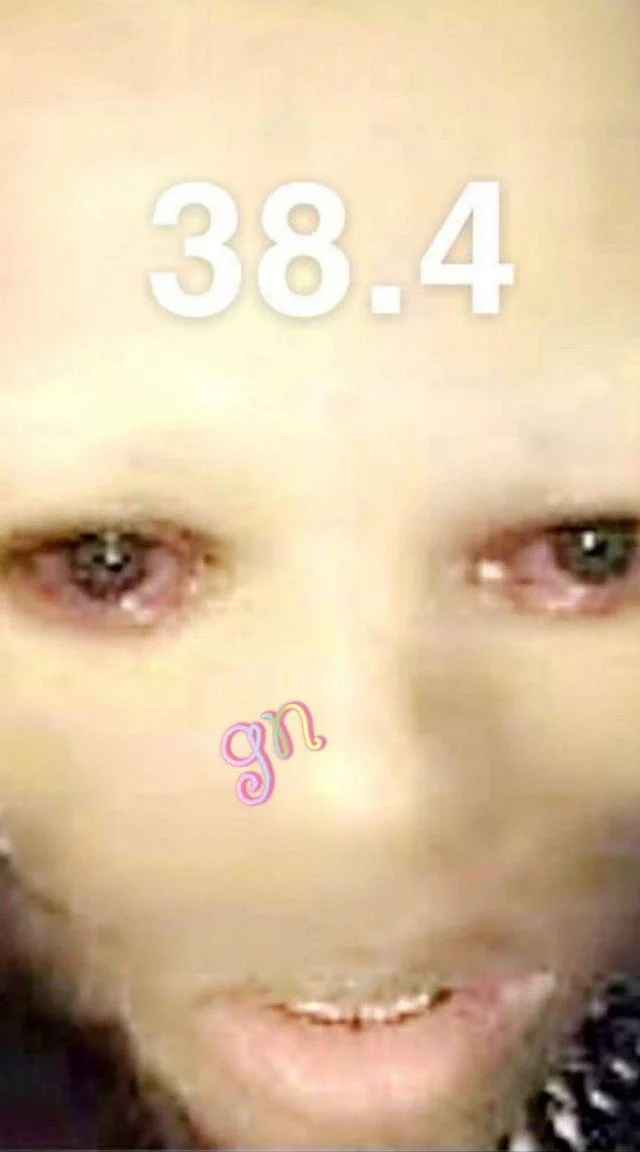 384 — 38.4 in large white text on close-up face with pink text below demonstrating absurdist overlay style.