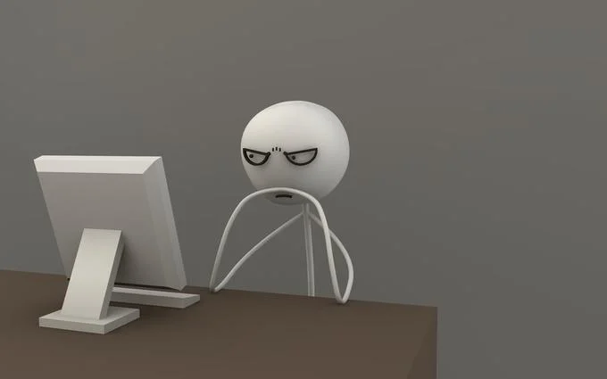3D Memes — 3D-rendered stick figure character with annoyed expression sitting at desk with computer monitor.