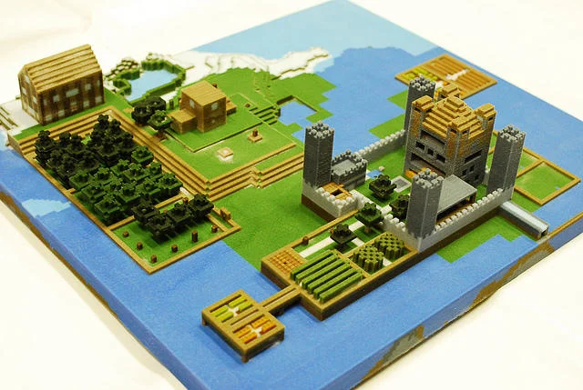 3D Printing — 3D-printed Minecraft world miniature diorama with houses, trees and a castle