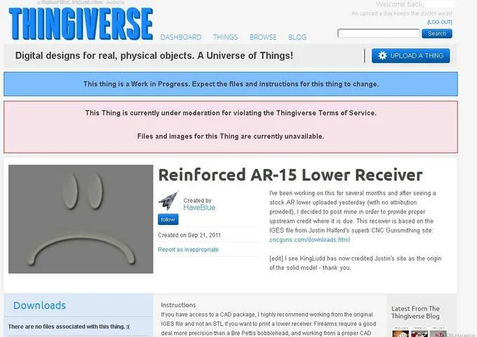 3D Printing — Thingiverse page showing AR-15 lower receiver design removed for terms of service violation