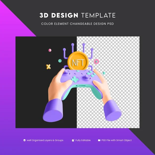 3D Structure/Object NFTs — 3D design template with colorful geometric shapes and spheres held by rendered hands with NFT sphere labeled.