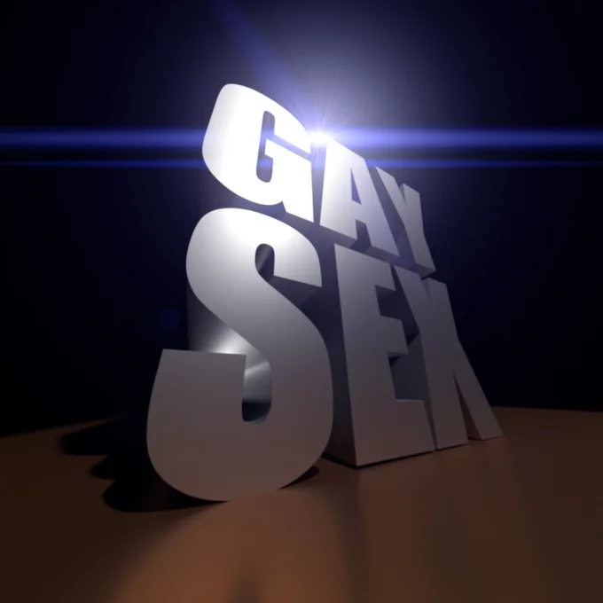 3D Text Reaction Images — 3D metallic text reading 'GAY SEX' rendered in silver with dramatic blue lighting on dark background.