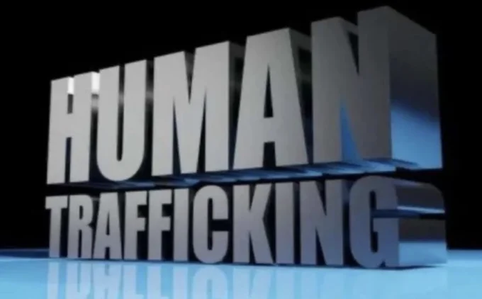 3D Text Reaction Images — 3D metallic text reading 'HUMAN TRAFFICKING' rendered in silver with blue lighting on dark background.