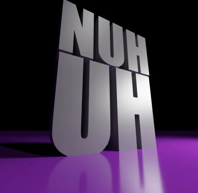 3D Text Reaction Images — 3D metallic text reading 'NOPE UH' rendered in silver with purple gradient lighting on reflective base.