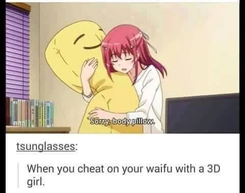 3Dpd — Anime scene with overlay text about cheating on 2D waifu with 3D real girl, showing 2D superiority.
