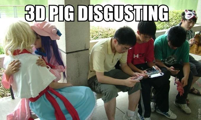 3Dpd — Real people in anime cosplay and wigs with '3D PIG DISGUSTING' text overlay.