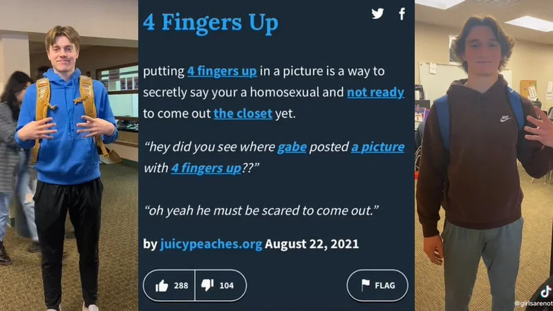 Two students demonstrating 4 fingers up hand gesture in school with explanatory text.