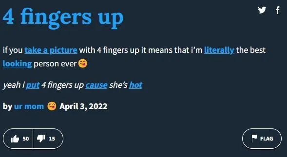 Twitter post humorously claiming 4 fingers up indicates most attractive person in photos.