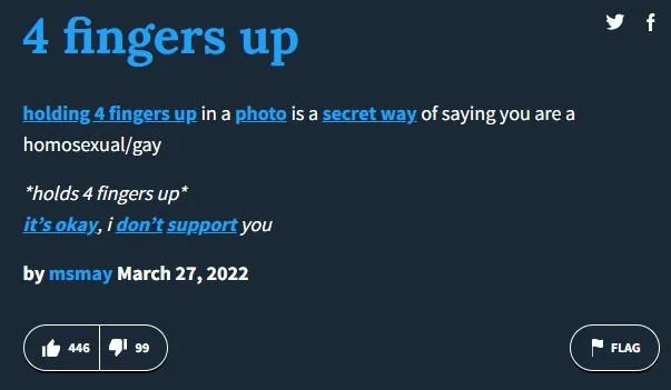 Twitter screenshot showing post explaining 4 fingers up as secret identity communication method.