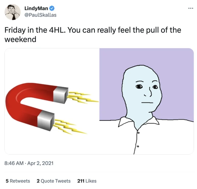 4 Hour Life 4Hl — LindyMan @PaulSkallas Friday in the 4HL. You can really feel the pull of the weekend G 8:46 AM. Apr 2, 2021 5 Retweets 2 Quote Tweets 211