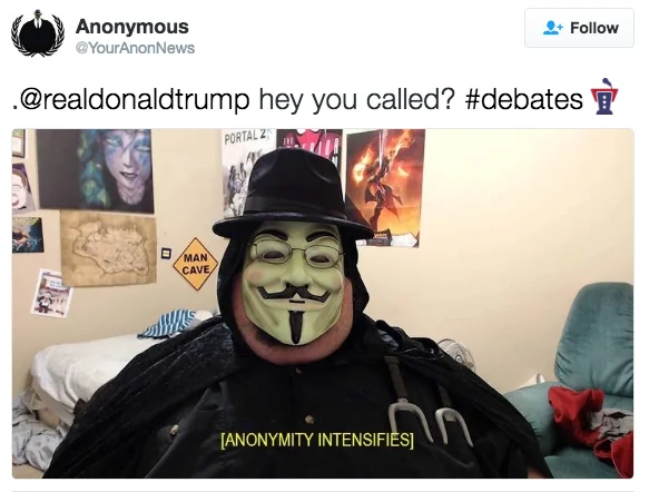 400 Pound Hacker — Meme with Anonymous-masked figure in bedroom with '[ANONYMITY INTENSIFIES]' caption.