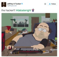 400 Pound Hacker — Cartoon meme showing character at computer representing stereotypical bedroom hacker.
