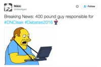 400 Pound Hacker — Homer Simpson 'Breaking News' meme joking about 400-pound person and DNC hack.