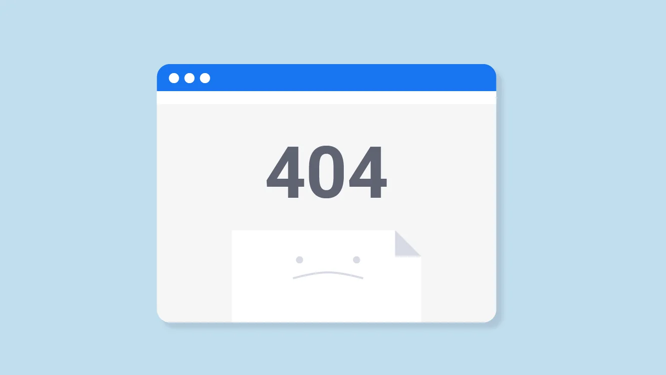 Illustration of a browser window showing a 404 error with a sad paper icon