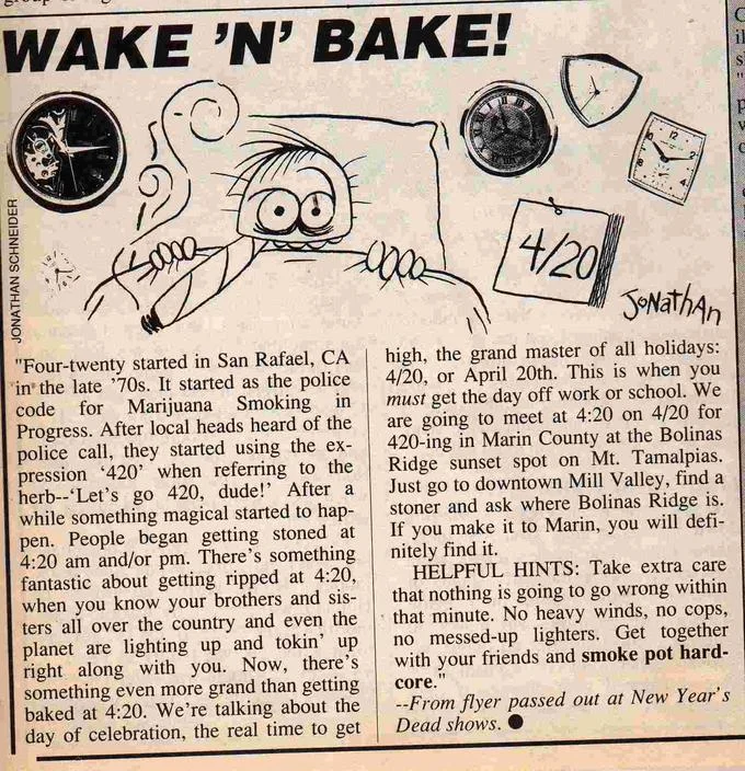 Newspaper clipping titled 'Wake N Bake' describing the origin of the 420 code in San Rafael