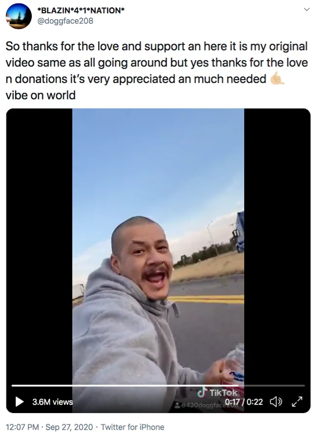 420Doggface208S Dreams Skateboarding Video — Twitter screenshot of original TikTok with 420doggface208 skateboarding and lip-syncing.