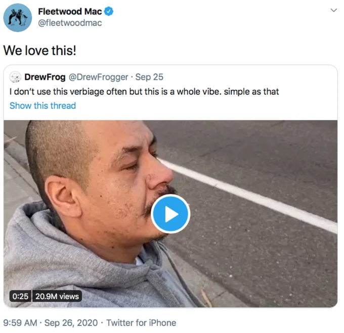 420Doggface208S Dreams Skateboarding Video — Twitter screenshot of Fleetwood Mac's official 'We love this!' response to viral video.