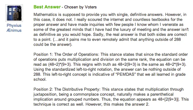 48293 — Forum best answer explaining two interpretations of 48÷2(9+3) yielding 288 or 2.