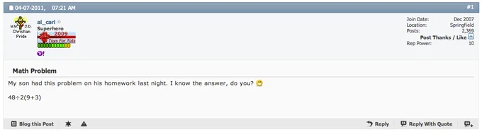 48293 — Screenshot of original 2011 forum post asking about 48÷2(9+3) from son's homework.