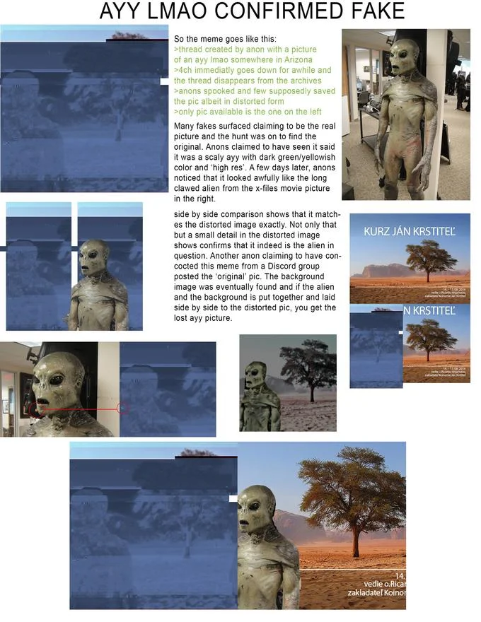 4Chan Alien Sighting Hoax — Debunking analysis titled 'AYY LMAO CONFIRMED FAKE' revealing photoshopped composite origins.