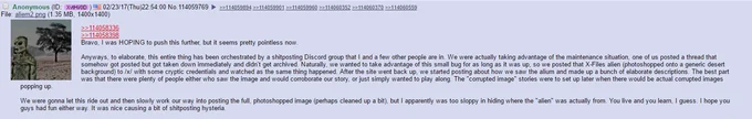4Chan Alien Sighting Hoax — 4chan thread with red text commentary analyzing alien sighting details and outage theories.