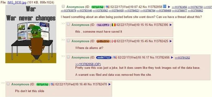 4Chan Alien Sighting Hoax — 4chan discussion thread from February 2017 debating alien image with server scrubbing theories.