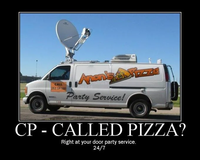 4Chan Party Van — Motivational poster of a news van rebranded as Anon's Pizza with caption 'CP - Called Pizza?'